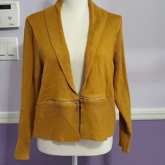 Tahari Mustard Ribbed Knit Zipper Pockets Elegant Lon Sleeve Open Cardigan - Picture 1 of 9